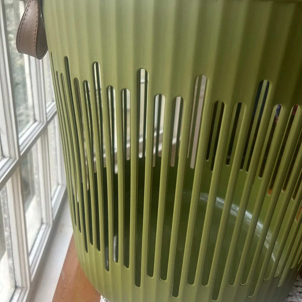 Viral JAPANDI Round Olive Green Storage Basket Leather Handles NEW